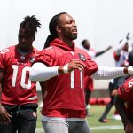 Arizona Cardinals WR Larry Fitzgerald warms up during the team’s minicamp, Tuesday, June 11, in Tempe. (Tyler Drake/ArizonaSports)