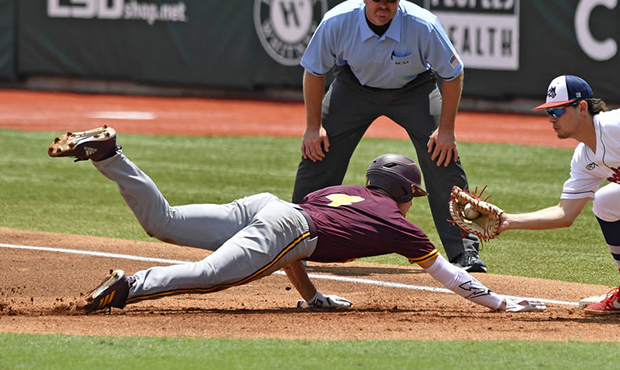 Arizona State's Hunter Bishop (4) is safe on a pickoff-attempt as Stony Brook first baseman Chris H...
