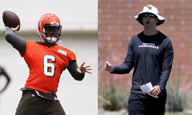 On the left, Baker Mayfield of the Cleveland Browns. On the right, Kliff Kingsbury of the Arizona C...