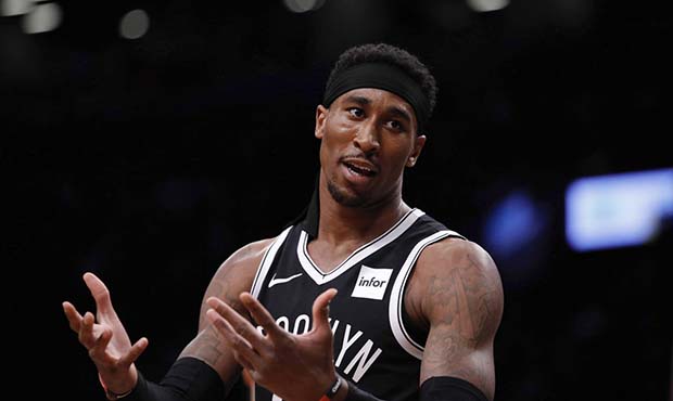 Brooklyn Nets forward Rondae Hollis-Jefferson interacts with an official during the second half of ...