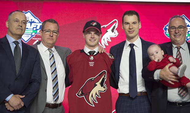 Victor Soderstrom smiles after being selected by the Arizona Coyotes during the first round of the ...