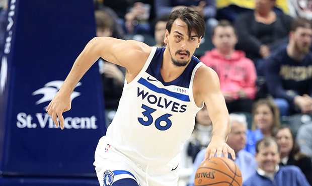 Dario Saric #36 of the Minnesota Timberwolves dribbles the ball against the Indiana Pacers at Banke...
