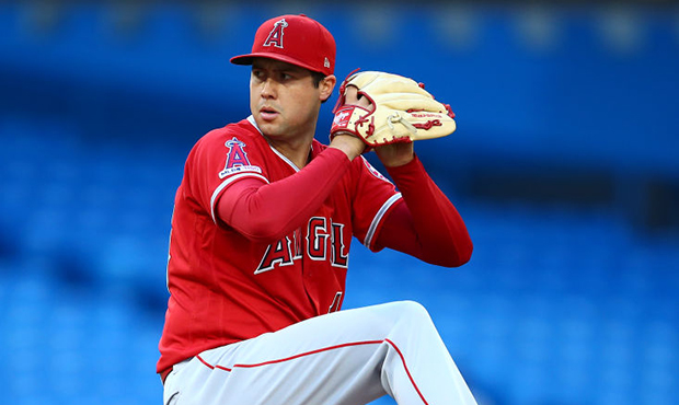 Tyler Skaggs #45 of the Los Angeles Angels of Anaheim delivers a pitch in the first inning during a...