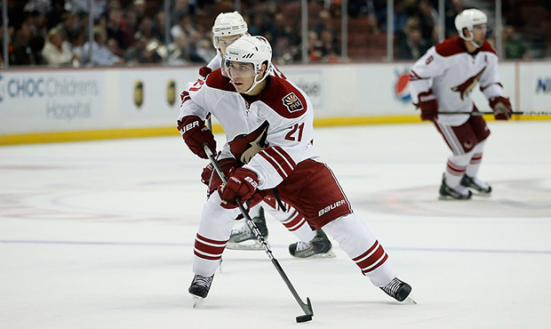 Andy Miele #21 of the Phoenix Coyotes skates against the Anaheim Ducks at Honda Center on September...