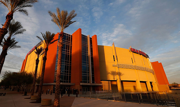 General view outside of Gila River Arena before the NHL game between the Arizona Coyotes and the An...