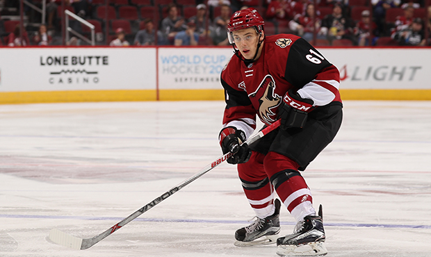 Dysin Mayo #61 of the Arizona Coyotes in action during the preseason NHL game against the Los Angel...