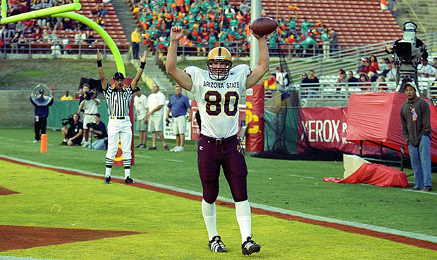 Todd Heap #80 of the Arizona State Sun Devils celebrates the touchdown during a game against the US...