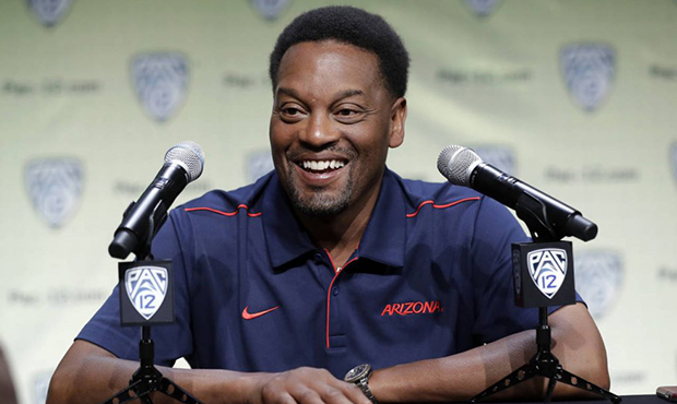 Arizona head coach Kevin Sumlin answers questions during the Pac-12 Conference NCAA college footbal...