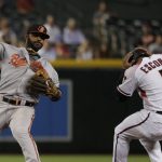 Arizona Diamondbacks' Eduardo Escobar (5) breaks up a double play but is forced out by Baltimore Orioles Jonathan Villar during the sixth inning of a baseball game, Wednesday, July 24, 2019, in Phoenix. (AP Photo/Matt York)