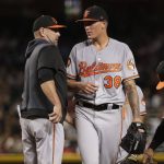 Baltimore Orioles starting pitcher Aaron Brooks (38) is pulled by Baltimore Orioles manager Brandon Hyde during the fourth inning of a baseball game against the Arizona Diamondbacks, Monday, July 22, 2019, in Phoenix. (AP Photo/Matt York)