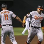 Baltimore Orioles' Renato Nunez, right, celebrates his home run against the Arizona Diamondbacks with Orioles third base coach Jose David Flores (11) during the second inning of a baseball game Tuesday, July 23, 2019, in Phoenix. (AP Photo/Ross D. Franklin)