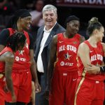 Team Wilson head coach Bill Laimbeer, center, laughs with his team during the second half of a WNBA All-Star basketball game against Team Delle Donne, Saturday, July 27, 2019, in Las Vegas. (AP Photo/John Locher)