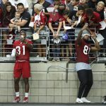 Arizona Cardinals running back David Johnson (31) and Cardinals tight end Darrell Daniels (81) pose for selfies with fans after NFL football practice at State Farm Stadium Friday, July 26, 2019, in Glendale, Ariz. (AP Photo/Ross D. Franklin)