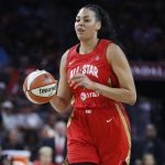 Las Vegas Aces' Liz Cambage, of Team Wilson, drives upcourt against Team Delle Donne during the second half of a WNBA All-Star basketball game Saturday, July 27, 2019, in Las Vegas. (AP Photo/John Locher)