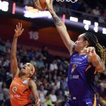 Phoenix Mercury center Brittney Griner, right, block the shot of Connecticut Sun guard Jasmine Thomas during the first half of WNBA basketball game Friday, July 12, 2019, in Uncasville, Conn. (Sean D. Elliot/The Day via AP)