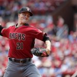 Arizona Diamondbacks starting pitcher Zack Greinke throws during the first inning of a baseball game against the St. Louis Cardinals Sunday, July 14, 2019, in St. Louis. (AP Photo/Jeff Roberson)