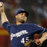 Milwaukee Brewers starter Jhoulys Chacin throws a pitch to an Arizona Diamondbacks batter during the first inning of a baseball game Friday, July 19, 2019, in Phoenix. (AP Photo/Ross D. Franklin)