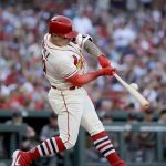 St. Louis Cardinals' Tyler O'Neill hits a two-run double during the first inning of the team's baseball game against the Arizona Diamondbacks on Saturday, July 13, 2019, in St. Louis. (AP Photo/Jeff Roberson)