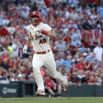 St. Louis Cardinals' Paul Goldschmidt runs in to score during the first inning of the team's baseball game against the Arizona Diamondbacks on Saturday, July 13, 2019, in St. Louis. (AP Photo/Jeff Roberson)