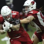 Arizona Cardinals tight end Maxx Williams (87) makes a catch in front of Cardinals linebacker Dennis Gardeck (92) during NFL football practice at State Farm Stadium, Friday, July 26, 2019, in Glendale, Ariz. (AP Photo/Ross D. Franklin)