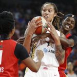 Minnesota Lynx' Sylvia Fowles, of Team Wilson, right, fouls Phoenix Mercury's Brittney Griner, of Team Delle Donne, during the first half of a WNBA All-Star game Saturday, July 27, 2019, in Las Vegas. (AP Photo/John Locher)