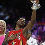 Indiana Fever's Erica Wheeler, of Team Wilson, cries as she holds up the MVP trophy after winning the honor at the WNBA All-Star basketball game Saturday, July 27, 2019, in Las Vegas. (AP Photo/John Locher)