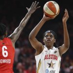 Connecticut Sun's Jonquel Jones, of Team Delle Donne, shoots over Seattle Storm's Natasha Howard, of Team Wilson, during the first half of a WNBA All-Star basketball game Saturday, July 27, 2019, in Las Vegas. (AP Photo/John Locher)