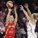 Chicago Sky's Allie Quigley, of Team Wilson, left, shoots over Chicago Sky's Courtney Vandersloot, of Team Delle Donne, during the second half of a WNBA All-Star basketball game Saturday, July 27, 2019, in Las Vegas. (AP Photo/John Locher)