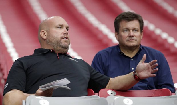 Arizona Cardinals' general manager Steve Keim, left, and team president Michael Bidwill watch durin...