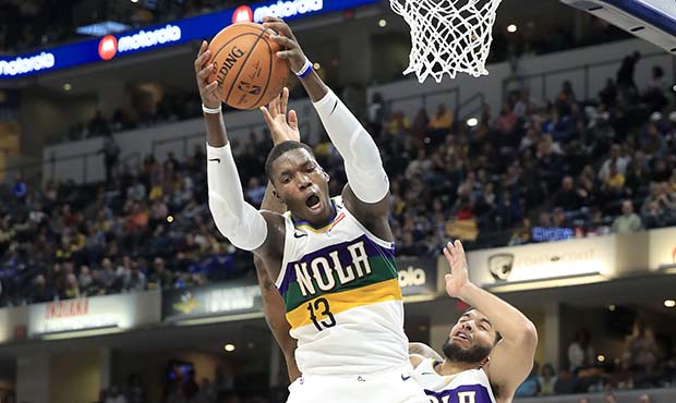 Cheick Diallo #13 of the New Orleans Pelicans  grabs a rebound against the Indiana Pacers at Banker...