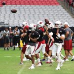 Arizona Cardinals quarterbacks go through drills during the team’s training camp Sunday, July 28, 2019, at State Farm Stadium. (Tyler Drake/Arizona Sports)