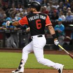 David "Freight Train" Peralta follows through on a swing against the Seattle Mariners at Chase Field. The players are wearing special jerseys as part of MLB Players Weekend.  (Photo by Norm Hall/Getty Images)