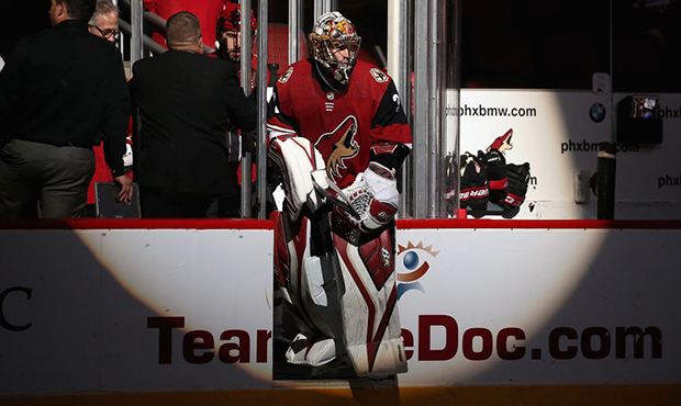 Goaltender Antti Raanta #32 of the Arizona Coyotes skates onto the ice during the NHL game against ...