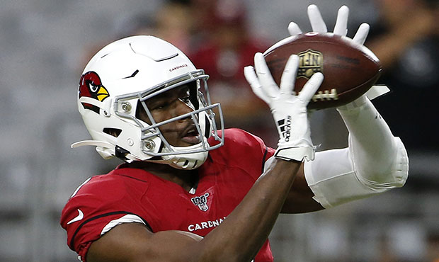 Hakeem Butler #17 of the Arizona Cardinals catches a pass prior to the start of the NFL pre-season ...