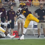 Arizona State receiver Frank Darby (84) makes a catch as Kent State cornerback Jamal Parker (7) defends during the first half of an NCAA college football game Thursday, Aug. 29, 2019, in Tempe, Ariz. (AP Photo/Ralph Freso)