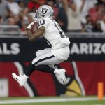 Oakland Raiders wide receiver Rico Gafford (10) runs in a touchdown against the Arizona Cardinals during the first half of an an NFL football game, Thursday, Aug. 15, 2019, in Glendale, Ariz. (AP Photo/Ralph Freso)