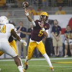Arizona State quarterback Jayden Daniels (5) throws a pass against Kent State during the first half of an NCAA college football game Thursday, Aug. 29, 2019, in Tempe, Ariz. (AP Photo/Ralph Freso)