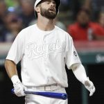 Kansas City Royals' Bubba Starling reacts after striking out in the fifth inning in a baseball game against the Cleveland Indians, Friday, Aug. 23, 2019, in Cleveland. (AP Photo/Tony Dejak)