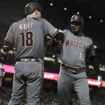 Arizona Diamondbacks' Adam Jones, right, is congratulated by Carson Kelly (18) after hitting a home run against the San Francisco Giants in the eighth inning of a baseball game, Monday, Aug. 26, 2019, in San Francisco. (AP Photo/Ben Margot)