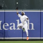 Tampa Bay Rays right fielder Guillermo Heredia goes up to catch a deep fly ball hit by Baltimore Orioles' Chris Davis during the second inning of a baseball game, Friday, Aug. 23, 2019, in Baltimore. (AP Photo/Julio Cortez)