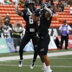 Hawaii wide receiver Cedric Byrd II (6) and wide receiver Jason-Matthew Sharsh (3) celebrate a firs-quarter touchdown against Arizona during an NCAA college football game Saturday, Aug. 24, 2019, in Honolulu. (AP Photo/Marco Garcia)