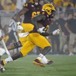 Arizona State wide receiver Brandon Aiyuk (2) gets past Kent State safety Dean Clark (23) on a touchdown catch and run during the second half of an NCAA college football game Thursday, Aug. 29, 2019, in Tempe, Ariz. (AP Photo/Ralph Freso)
