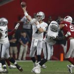 Oakland Raiders quarterback Mike Glennon (7) throws against the Arizona Cardinals during the first half of an an NFL football game, Thursday, Aug. 15, 2019, in Glendale, Ariz. (AP Photo/Ralph Freso)