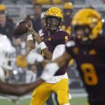 Arizona State quarterback Jayden Daniels looks to pass the ball against Kent State during the first half of an NCAA college football game Thursday Aug. 29, 2019, in Tempe, Ariz. (AP Photo/Ralph Freso)