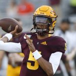 Arizona State quarterback Jayden Daniels throws prior to an NCAA college football game against Kent State, Thursday, Aug. 29, 2019, in Tempe, Ariz. Daniels is the first true freshman to start the opening game of the season at quarterback in school history. (AP Photo/Ralph Freso)