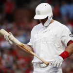 St. Louis Cardinals' Paul Goldschmidt prepares to bat during the first inning of the team's baseball game against the Colorado Rockies on Friday, Aug. 23, 2019, in St. Louis. (AP Photo/Jeff Roberson)