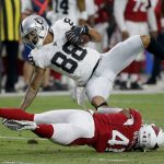 Oakland Raiders wide receiver Marcell Ateman (88) is hit by Arizona Cardinals defensive back Nate Brooks (41) during the first half of an an NFL football game, Thursday, Aug. 15, 2019, in Glendale, Ariz. (AP Photo/Rick Scuteri)