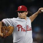 Philadelphia Phillies starting pitcher Jason Vargas throws a pitch to the Arizona Diamondbacks during the first inning of a baseball game Wednesday, Aug. 7, 2019, in Phoenix. (AP Photo/Ross D. Franklin)