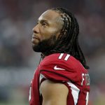 Arizona Cardinals wide receiver Larry Fitzgerald (11) watches from the sidelines against the Oakland Raiders during the first half of an an NFL football game, Thursday, Aug. 15, 2019, in Glendale, Ariz. (AP Photo/Ralph Freso)