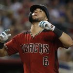 Arizona Diamondbacks left fielder David Peralta reacts after hitting a solo home run against the San Francisco Giants in the seventh inning during a baseball game, Sunday, Aug. 18, 2019, in Phoenix. (AP Photo/Rick Scuteri)
